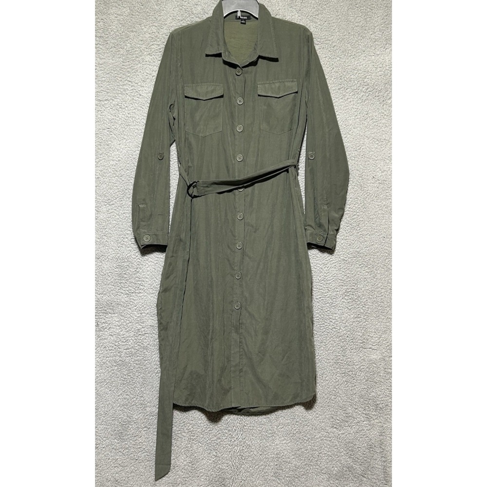 Olive Green Midi Utility Shirt Dress Belted Roll Tab Sleeves Size Large
